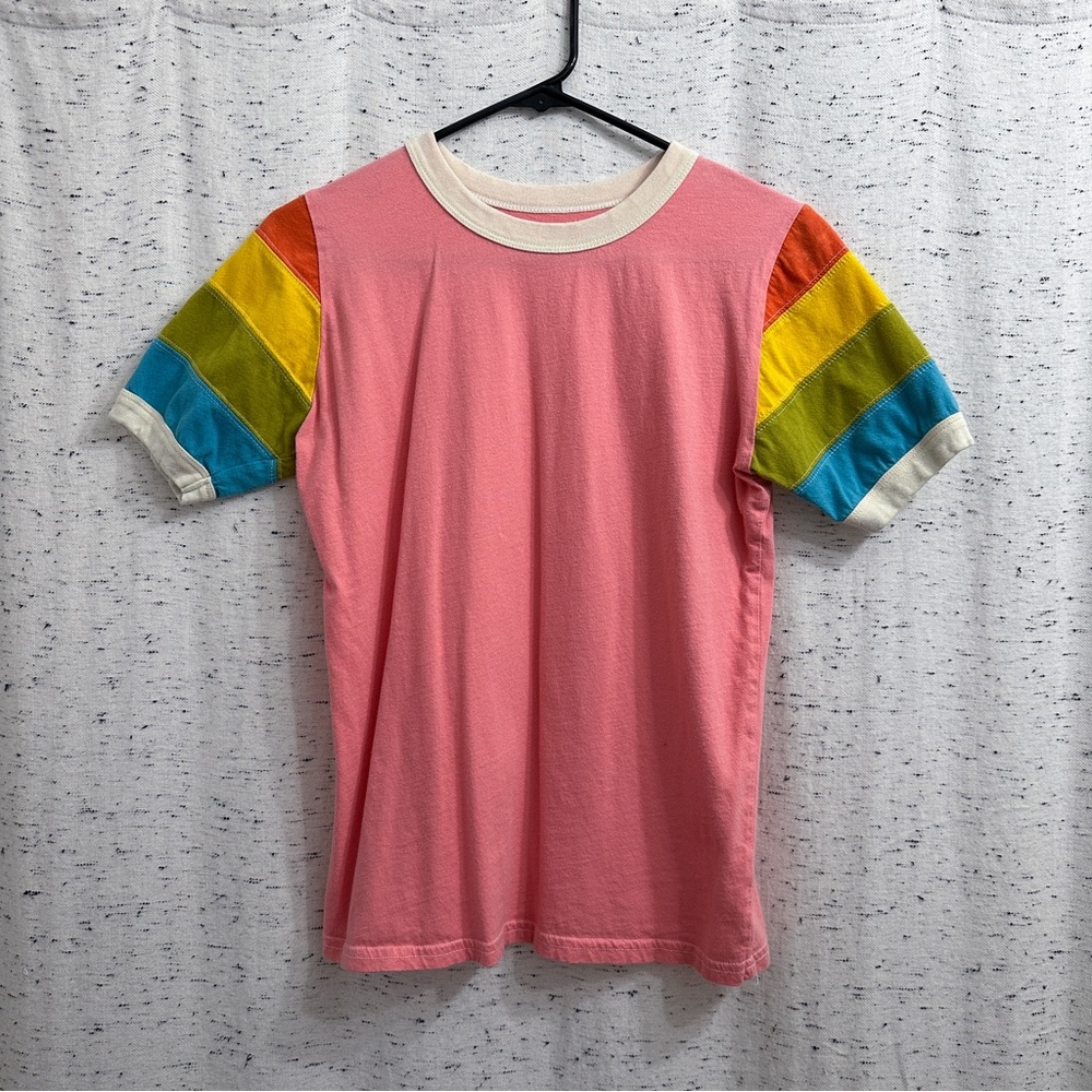 REPOSH Big Bud Press RARE Pink Calypso Short Sleeve T-Shirt with Rainbow Sleeves